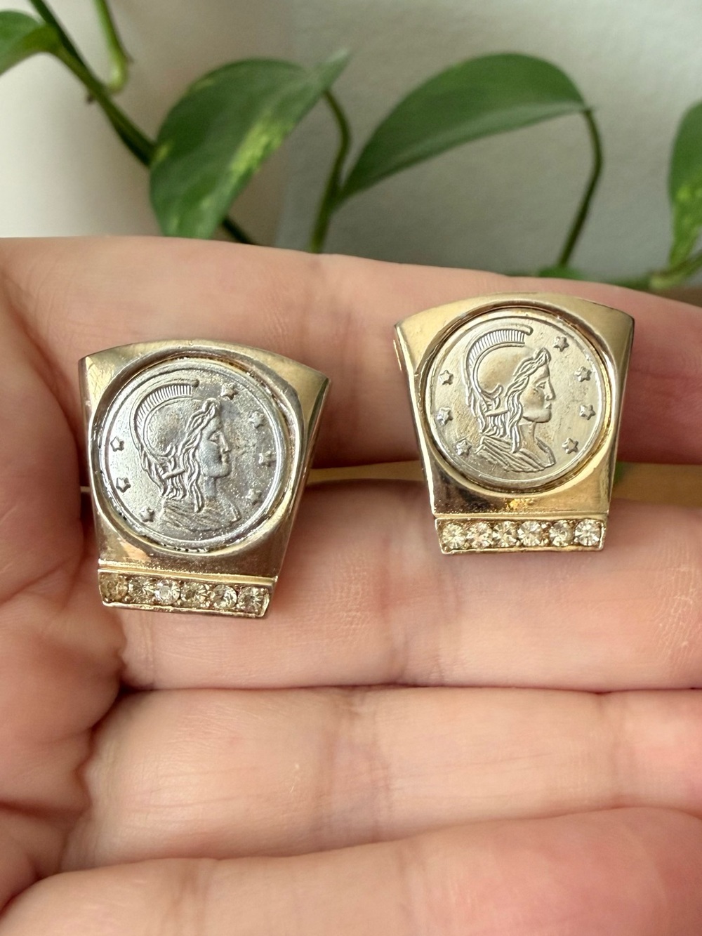 Vintage 2 Tone Roman Coin Gold Tone Silver Tone Earrings Crystal Rhinestones